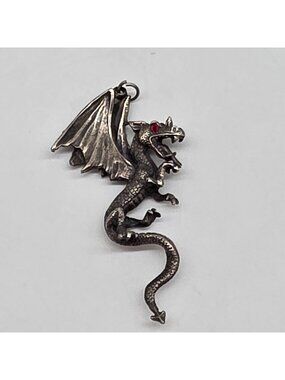 Pewter Dragon Pendant With Red Gemstone Eyes Gothic Fantasy Jewelry 3"